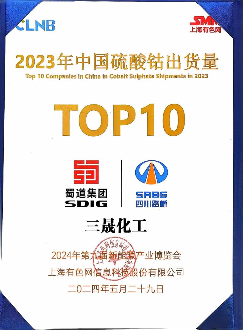 TOP10！礦業(yè)集團(tuán)浙江三晟公司榮登SMM中國硫酸鈷出貨量榜單